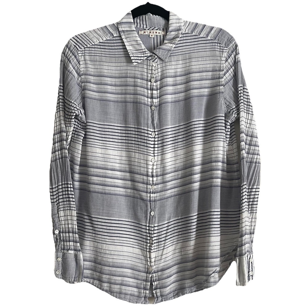 Xirena Button Down Top XS White Blue Stripe Lightweight Pleated Sleeves